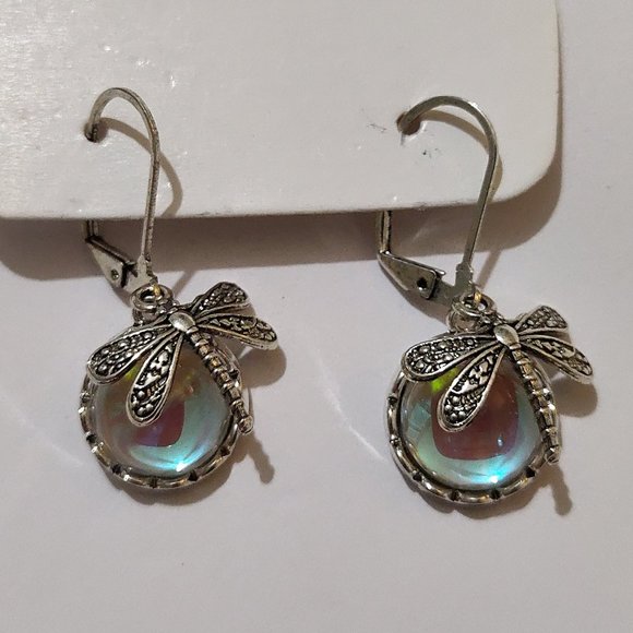 Jewelry - Silver Dragonfly Moonstone Carved Inlaid Earrings